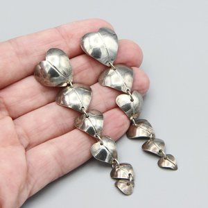 RARE Cascading Hearts Long Sterling Silver Earrings Taxco Mexico